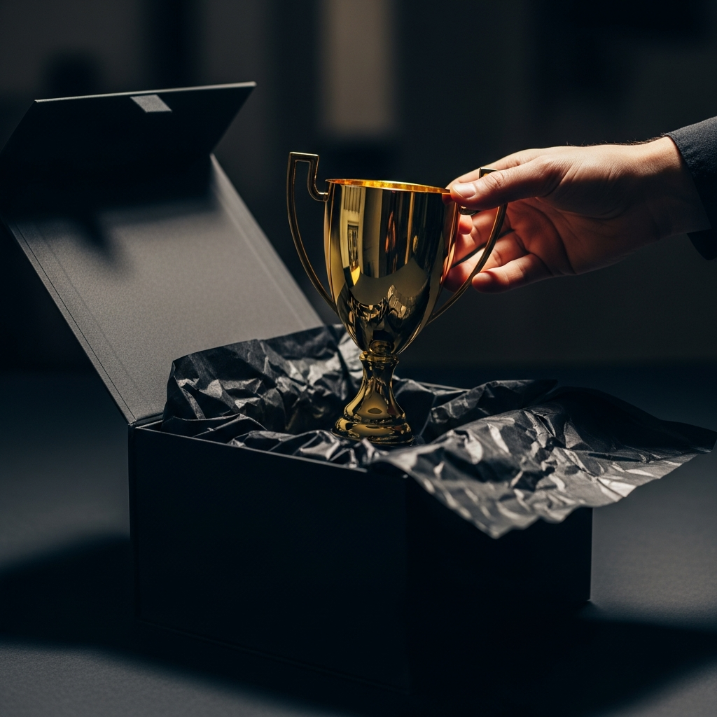 Hand lifting golden trophy from premium box