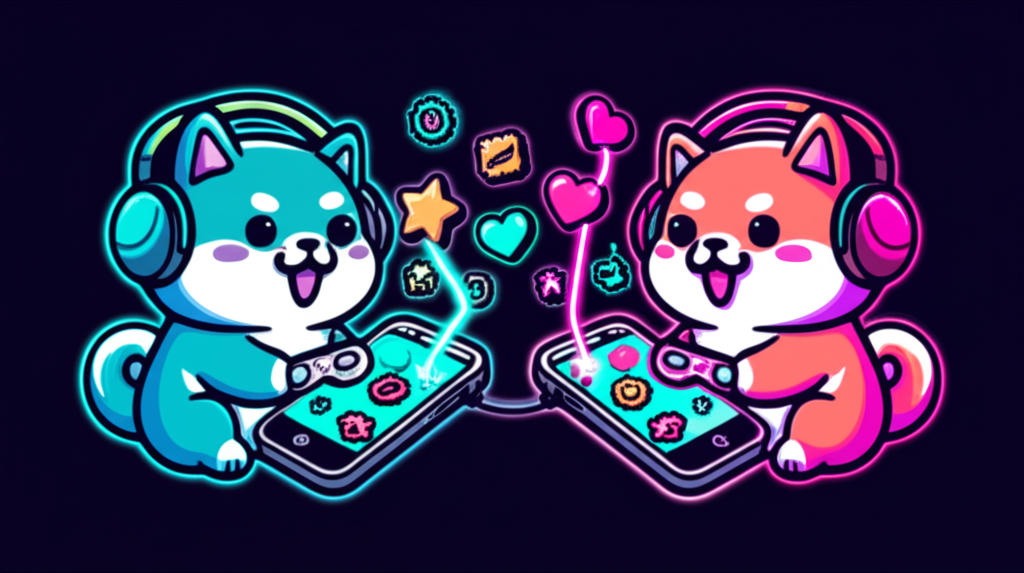 Two shiba inus playing together on their phones